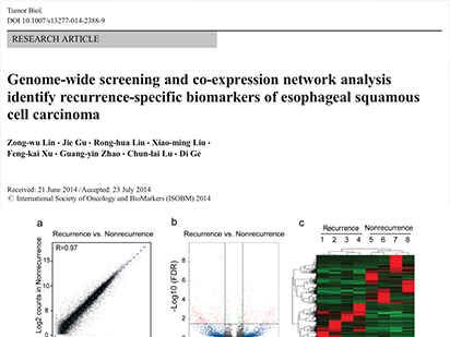 in Z, et al. Genome-wide screening and co-expression network analysis identify recurrence-specific biomarkers of esophageal squamous cell carcinoma. Tumor Biol.?2014 Nov;35(11):10959-68. (IF=2.84)