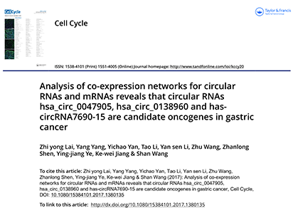 Lai, Z.Y. et al. Analysis of co-expression networks for circular RNAs and mRNAs reveals that circular RNAs hsa_circ_0047905, hsa_circ_0138960 and hascircRNA7690-15 are candidate oncogenes in gastric cancer. Cell Cycle.?2017 Oct 5:1-11. (IF=3.53)